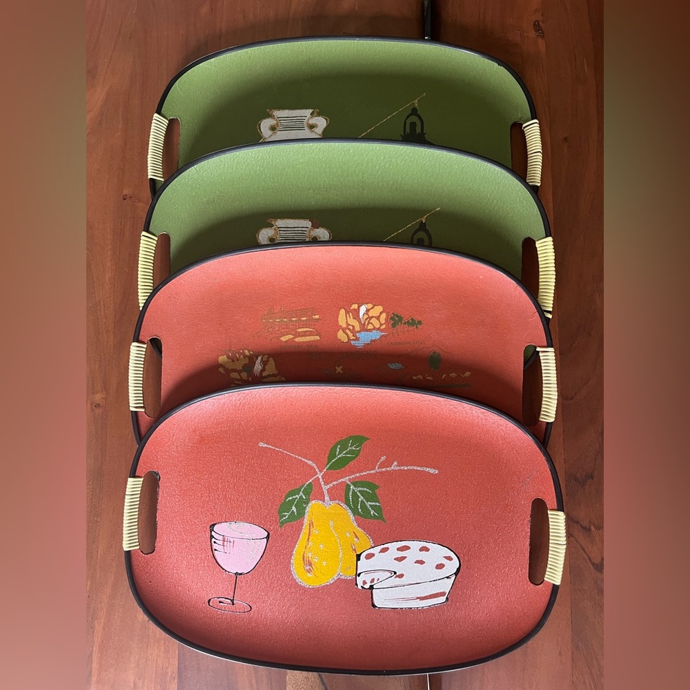 Set of 4 Serving Trays MCM Tilso Hand Painted burnt orange/avocado green Vintage